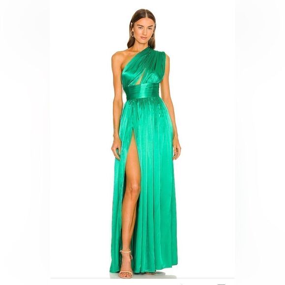 Bronx And Banco Camille Dress green satin maxi gown wedding party Revolve S